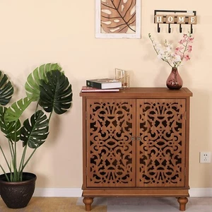 Vintage Buffet Sideboard Storage Accent Cabinet with Hollow Carved Doors Brown - Picture 1 of 9