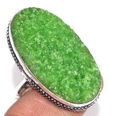 Anel druso de ágata verde folheado a prata 925 feito à mão joia tamanho EUA 10 JW - Imagem 1 de 3