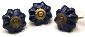 Cobalt Blue Ceramic Drawer Pulls knobs Brass Hardware LOT 3 - Picture 1 of 5