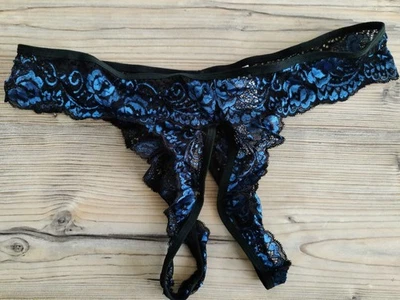 Sexy Dessous: Spitzen-Tanga - Ouvert - Blau-Schwarz Gr. XXL - Bild 1 von 3