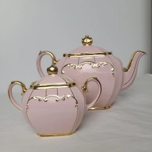 Vintage Sadler ET 1922 Pink & Gold Cube Teapot & Sugar Bowl Set – England, 1950s - Picture 1 of 24