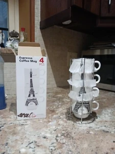 Uniware 4 piezas. Taza de café Expresso de porcelana apilable Torre Eiffel París con estante - Imagen 1 de 7