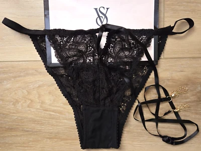 NWT Vintage Victoria's Secret Black Lace Keyhole Tassel String Bikini Panties M - Image 1 of 3