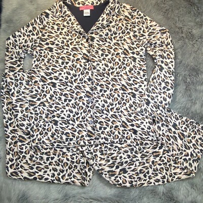 Betsey Johnson Leopard Pajama Set Womens Small Cotton Poly Blend Long Sleeve - Image 1 of 4