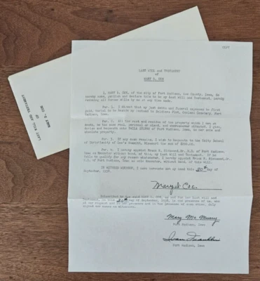 Fort Madison, IA 1958 Última Voluntad y Testamento de Mary D. Coe con sobre Foto 1 de 4