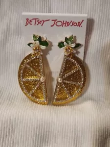 Betsey Johnson Lemon Slice Crystal Pearl Flower Cluster Dangle Earrings Bnwt - Picture 1 of 4