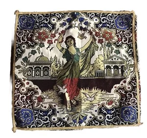 Vintage Turkish Ornate Pillow Cover Embroidered Pictorial Woman Doves 18”x18” Sq - Picture 1 of 10