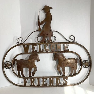 Vintage Rustic Metal Western Cowgirl Cowboy Horses Welcome Sign Wall Hanging - Picture 1 of 23