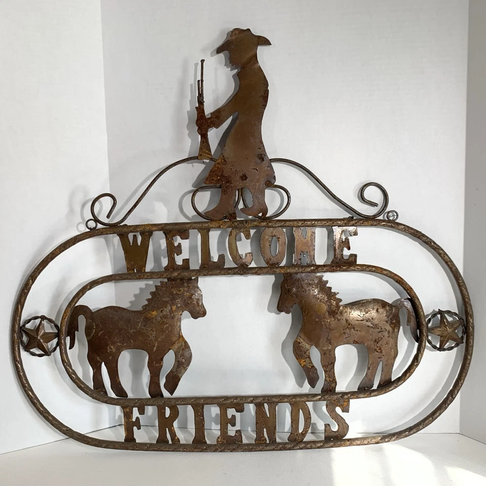 Letrero de bienvenida vintage de metal rústico vaquera occidental caballos vaqueros colgante de pared Foto 1 de 4