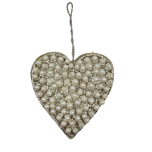 Zari Christmas Ornament Silver Heart Faux Pearls Embroidery Holiday Decor
