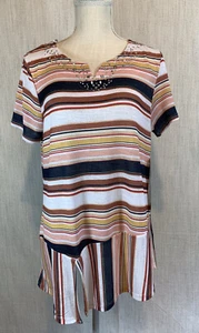 ONQUE Casual M Knit Top Stripe Lightweight Split neck Beading NEW w TAGS ($38) - Picture 1 of 12