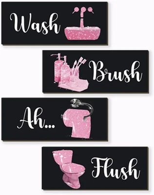 4 Pcs Pink Bathroom Decor Funny Pink And Black Bathroom Decor Wooden Pink Bat... - Image 1 of 4