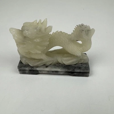 Vintage Soapstone Hand Carved Chinese Dragon Figurine Marble Base Small - Image 1 of 4