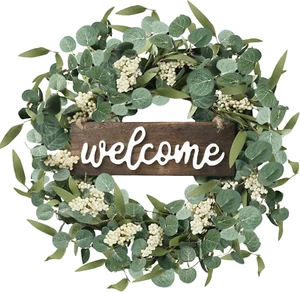 Green Artificial Eucalyptus Wreath with Welcome Sign 20In Spring Summer Wreath w - Picture 1 of 12