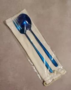 SPOON AND FORK SET with cloth bag BLUE NEW - Picture 1 of 3