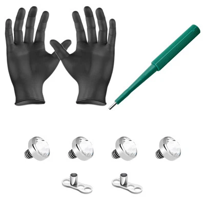 LUXE MODZ Dermal Piercing Kit 4 Clear CZ Tops 2 Dermal Bases Puncher and Gloves 8 Pieces