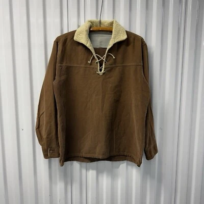 Vintage 50s 60s Cotton Suede Moleskin Lace Up Sherpa Lined Collar Shirt SZ Large - Image 1 of 4