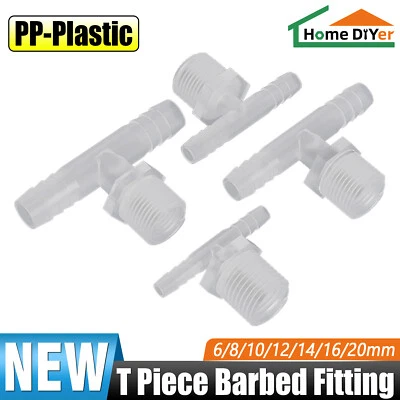 Plastic Male Thread T Piece Hose Joiner Barbed Connector Water Fitting 6 - 20mm - Image 1 of 4