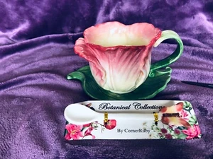 CornerRuby BOTANICAL COLLECTION Coral Flower Teacup w/Leaf Saucer & Spoon-NEW - Picture 1 of 3