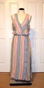 Maxi Vestido Indigo Rein Sin Mangas Multicolor Rayas Mezcla Lino Talla Pequeña - Imagen 1 de 11