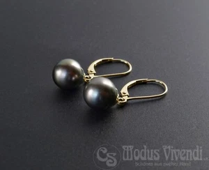 Pendientes de perlas de Tahití 585 pendientes cuentas gris oscuro Ø0,90 cm oro amarillo de 14 quilates - Imagen 1 de 5
