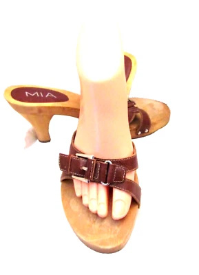 Y-2K MIA MARRÓN TIRAS CUERO, PLATAFORMA MADERA, TACONES SANDALIAS ABIERTAS MULAS ZAPATOS DE SALÓN 9M Foto 1 de 4