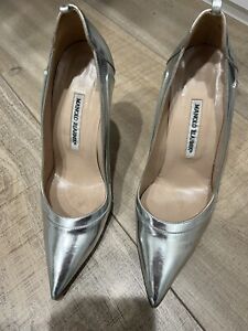 Manolo Blahnik silver metallic high heel stilettos leather pumps 39 1/2 9.5