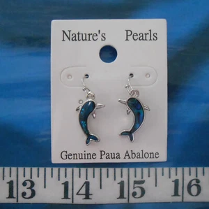 ~ Seashell Earrings ~ Iridescent Paua ~ Dolphins ~ Blue ~ Nickel-Free Hooks ~ - Picture 1 of 4