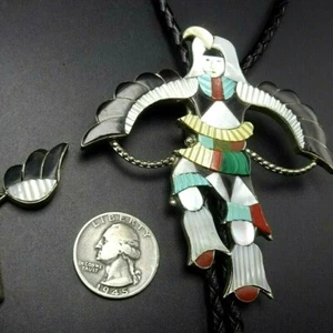 Vintage ZUNI Sterling Silver EAGLE DANCER BOLO Tie, INLAY of Turquoise Coral MOP - Picture 1 of 10