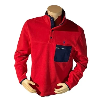 Polo Ralph Lauren Red Navy Blue Polo Pony 4 Snap Fleece Pullover Men's Sz Medium - Image 1 of 4