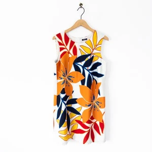 Vestido recto estampado floral tropical romano talla 14 blanco naranja multi mangas - Imagen 1 de 20