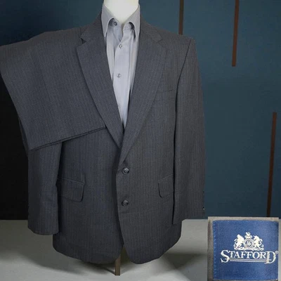 Stafford 2 Piece Suit Mens 46R 36X32 Gray Stripe VTG Single Vented - Image 1 of 4