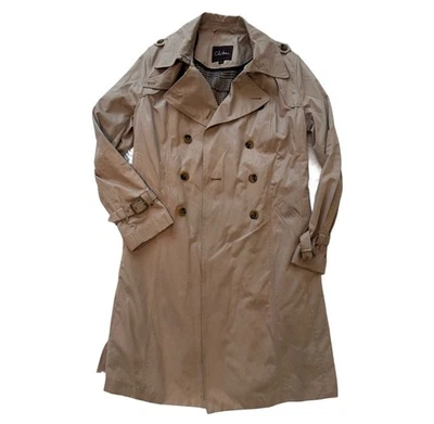 Gabardina para mujer Cole Haan M beige doble botonadura forrada a cuadros con cinturón Foto 1 de 4