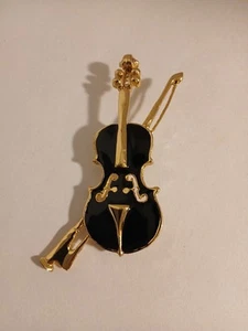 Violin Brooch Black With Gold Tone Music  - Picture 1 of 8
