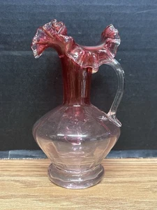 Vintage Cranberry Art Glass Ruffled Rim Pitcher – 6” Hand Blown Vase #5207 - Picture 1 of 7