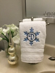 Custom Monogrammed Snowflake Christmas Holiday White Hand Towel- Cute Bath Decor - Picture 1 of 2