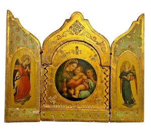 Italian Florentine Gilt Wood Triptych Madonna Icon Hand Painted Vintage Lippi - Picture 1 of 7