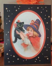 Old World Christmas Matted Print Child Witch w/ Black Kitten Glitter Halloween 