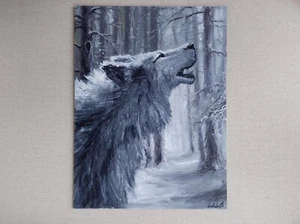 Howling White Wolf Original Oil Painting. Wolf Howl Echoes Through the Snow Art - Picture 1 of 10
