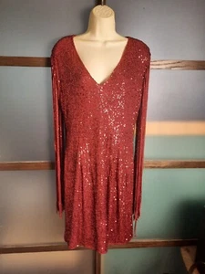 Red Dress Sequin Sleeveless With Long Fringe Party Holiday Evening Dress Size XL - Picture 1 of 5