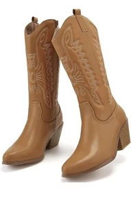 Cowgirl Cowboy Boots Women Chunky Block Heel Mid Wide Calf Boots Shoes US Size 9 - Picture 1 of 5