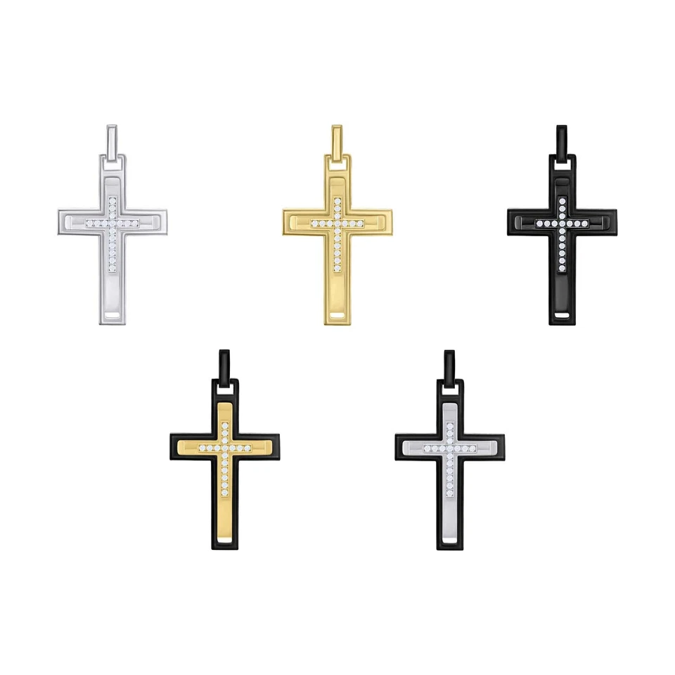 Acciaio da Uomo Rotondo Zircone Cubico Latino Croce Ciondolo Religioso - Immagine 1 di 1