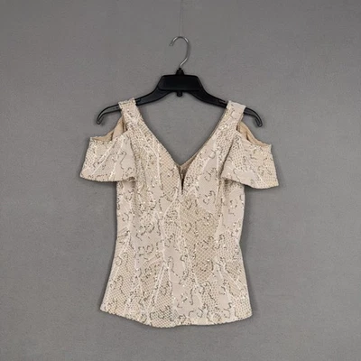 Boston Proper Top Womens Medium Beige Cold Shoulder Lace Sequin Party NYE - Image 1 of 4