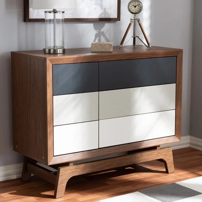 6 gavetas peito marrom meados do século 6 gavetas - Imagem 1 de 4