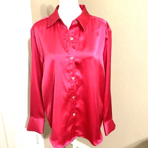 Rachel Zoe Size L Satin Button Down Blouse Fuschia Pink Long Sleeve Cuffed - Picture 1 of 8