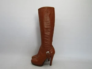Michel Perry Womens Size 37 EUR Brown Leather Zip Platform Heeled 16" Shaf Boots - Picture 1 of 11