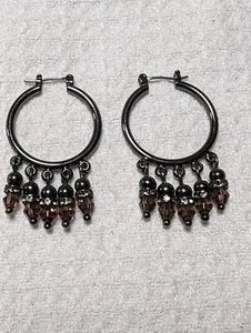 Vintage Black Metal Hoop Dangle Bead Rhinestone Earrings - Picture 1 of 5