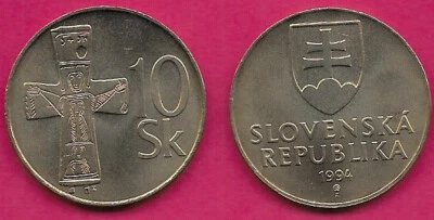 SLOVAKIA 10 KORUNA 1994 UNC BRONZE CROSS 11th CENTURY A.D. AND VALUE TO THE RIGH - Image 1 of 2