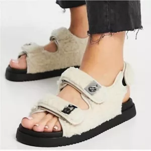 Steve Madden Margie Sandal Natural Cream Sherpa Slip On Dad Sandal Size 8 - Picture 1 of 16