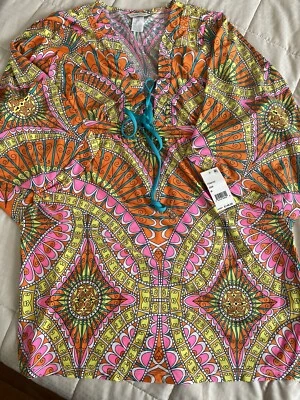 Nuevo con etiquetas Conjunto de 3 piezas de bikini y encubrimiento Trina Turk Capri estampado rosa naranja Foto 1 de 4